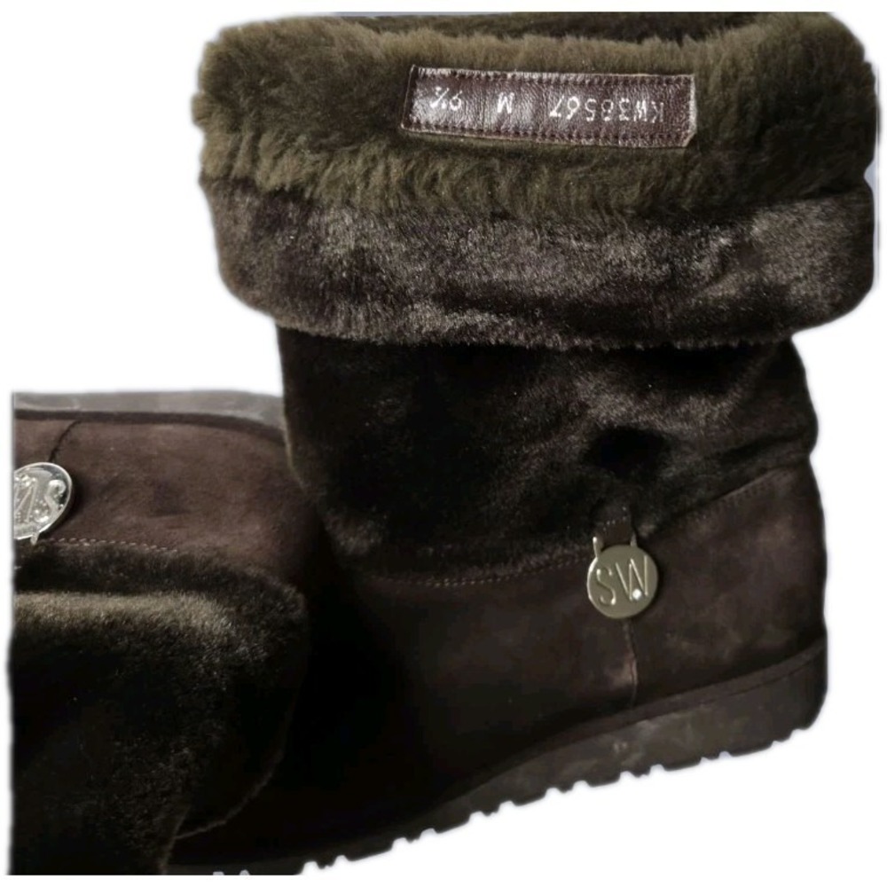 Stuart Weitzman Women's 9.5 M Brown Suede‎ Faux Fur Cuff Winter Boots SW Logo...